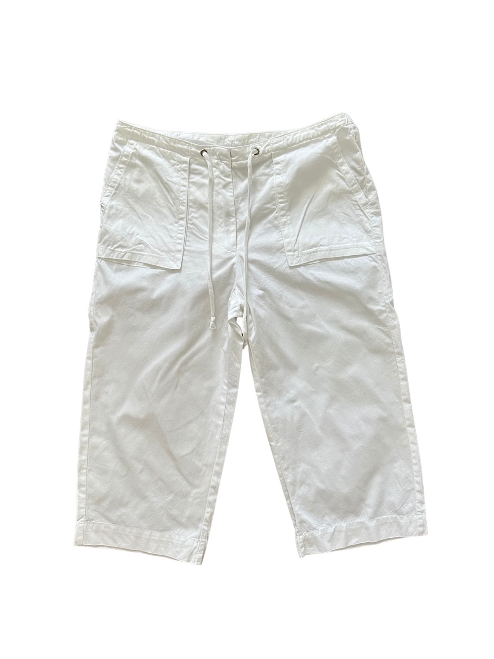 Women's White Crop Drawstring Linen Pants with Front Patch Pockets 6P